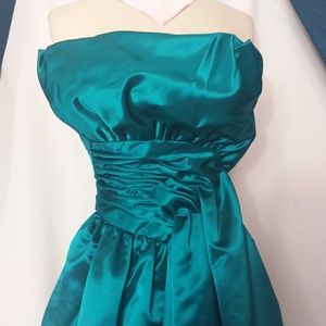 Victor Costa Gown  Vintage Teal Satin strapless Formal Prom 80's